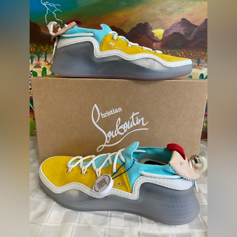 Christian Louboutin Arpoador Flat,Yellow& Blue, Suede, Men’s Size:EU44.5,US 11.5